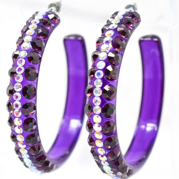 2.5" Clear Purple Lucite 5 Row Rhinestone Earrings - Picture 1 of 11
